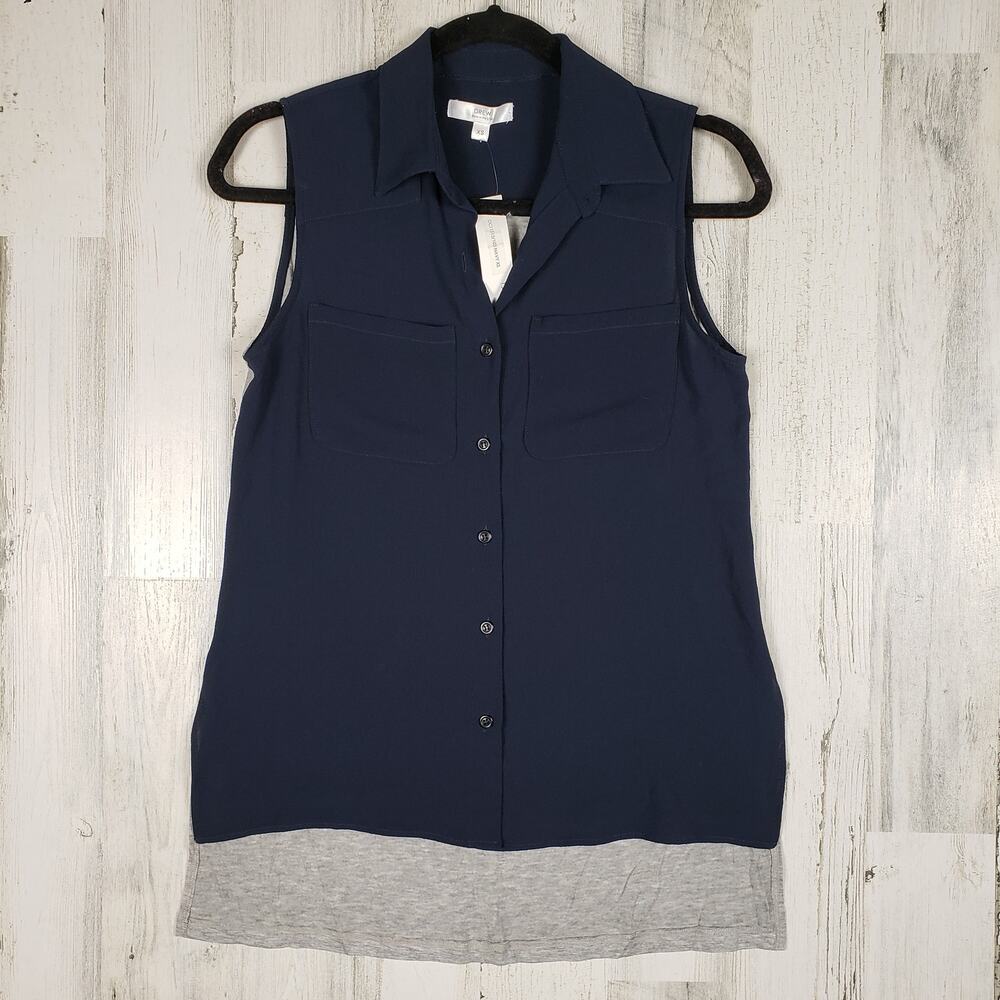 NWT Drew Navy Blue Heathered Gray Button Down High Low Top Women's Size XS